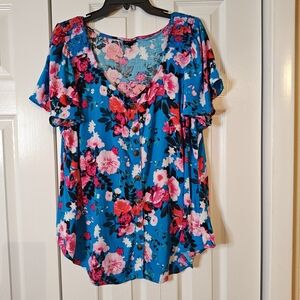 Torrid Womens Floral Flutter Sleeve Scoop Neck Top Button Up Plus Size 1X New